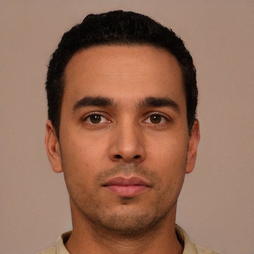 Neutral latino young-adult male with short  black hair and brown eyes