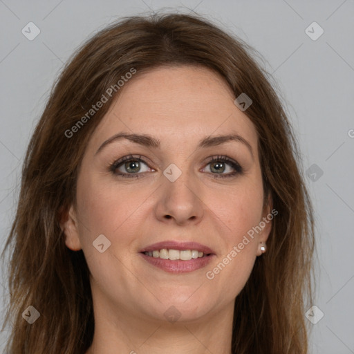 Joyful white young-adult female with long  brown hair and grey eyes