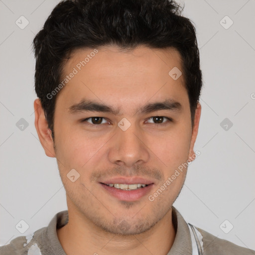 Joyful latino young-adult male with short  brown hair and brown eyes