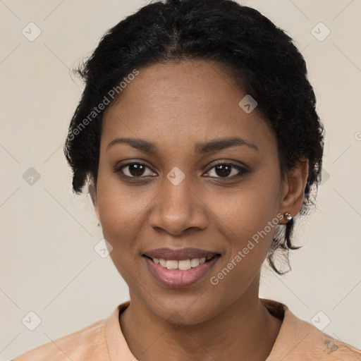 Joyful latino young-adult female with short  black hair and brown eyes