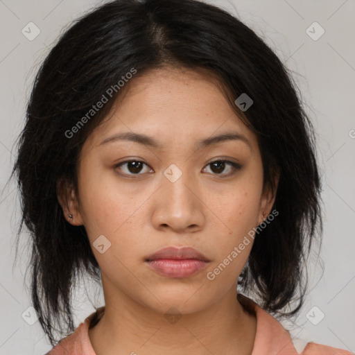 Neutral asian young-adult female with medium  brown hair and brown eyes