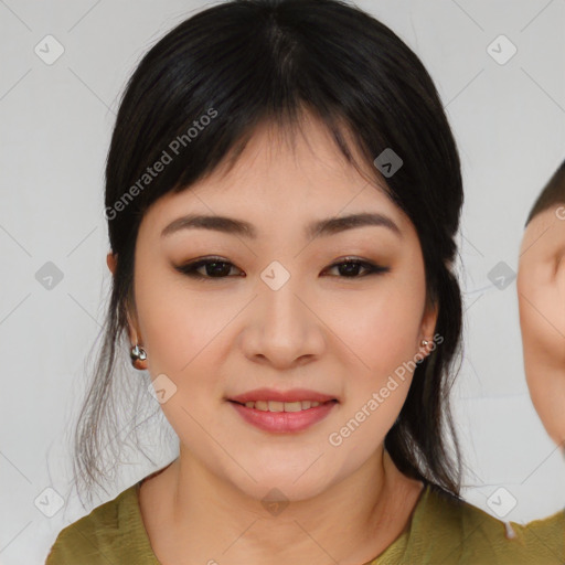 Joyful asian young-adult female with medium  black hair and brown eyes