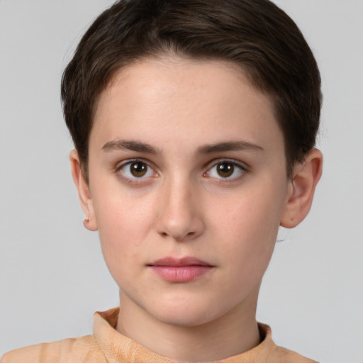 Neutral white young-adult female with short  brown hair and brown eyes