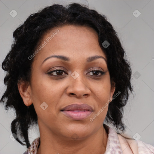 Joyful black adult female with medium  brown hair and brown eyes