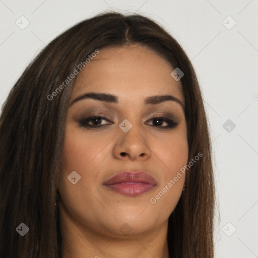 Joyful latino young-adult female with long  brown hair and brown eyes