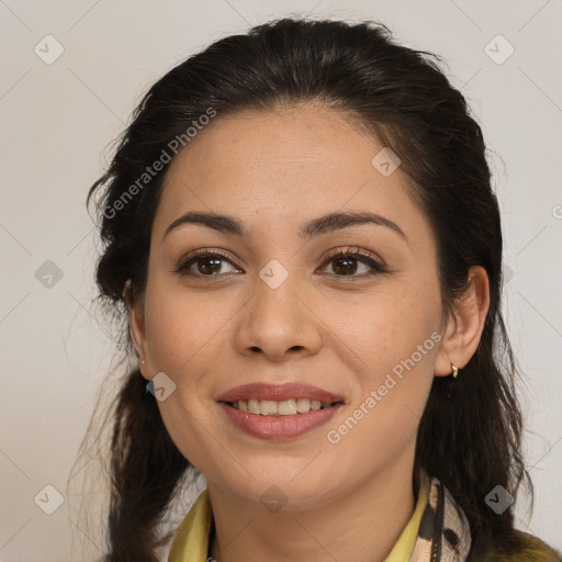 Joyful latino young-adult female with medium  brown hair and brown eyes