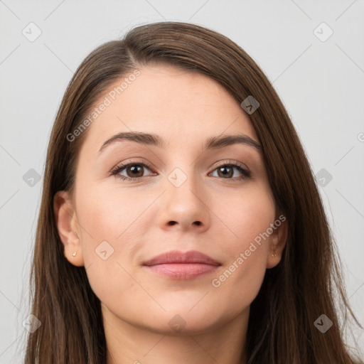 Neutral white young-adult female with long  brown hair and brown eyes