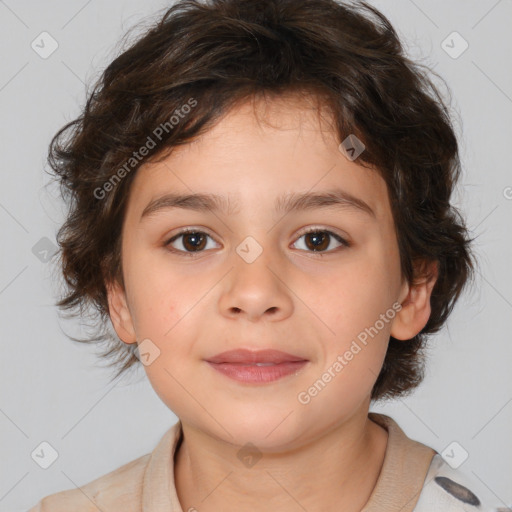 Joyful white child female with medium  brown hair and brown eyes