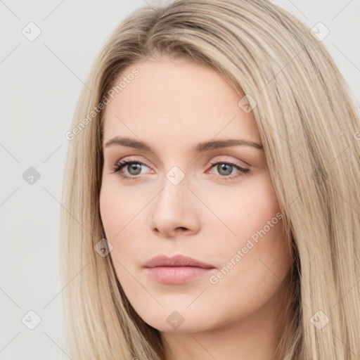 Neutral white young-adult female with long  brown hair and brown eyes