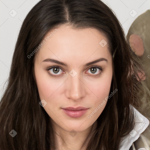 Neutral white young-adult female with long  brown hair and brown eyes