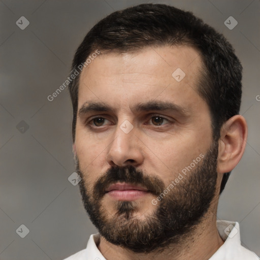 Neutral white young-adult male with short  black hair and brown eyes