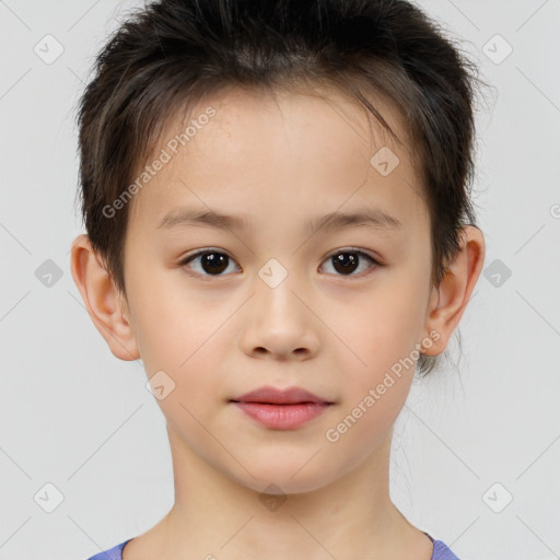 Joyful white child female with short  brown hair and brown eyes