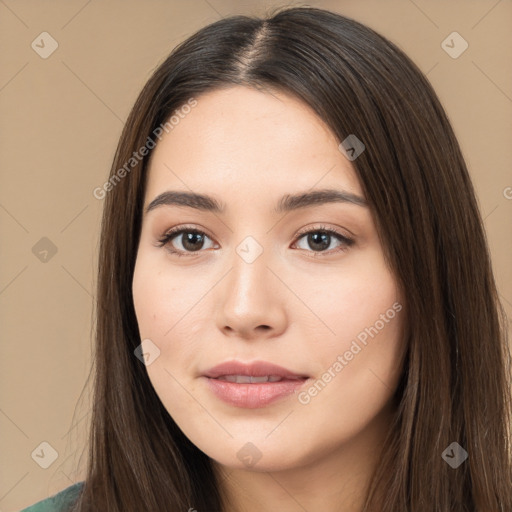 Neutral white young-adult female with long  brown hair and brown eyes