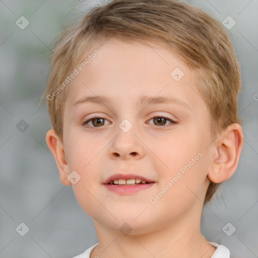 Joyful white child female with short  brown hair and brown eyes