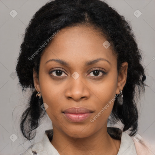 Joyful black young-adult female with medium  brown hair and brown eyes