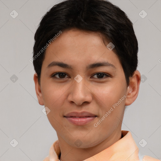 Joyful asian young-adult female with short  brown hair and brown eyes