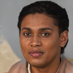 Joyful black young-adult female with short  black hair and brown eyes
