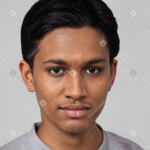 Neutral latino young-adult male with short  black hair and brown eyes