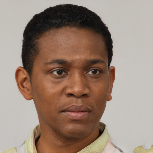 Neutral black young-adult male with short  black hair and brown eyes
