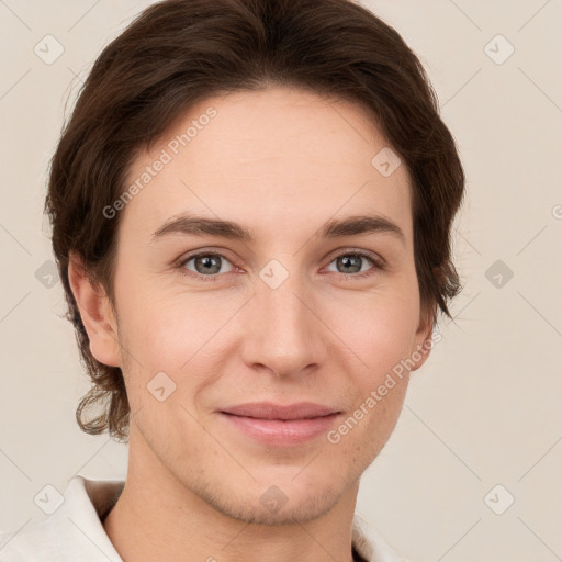 Joyful white young-adult female with short  brown hair and grey eyes