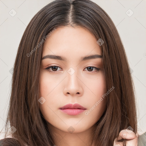 Neutral asian young-adult female with long  brown hair and brown eyes