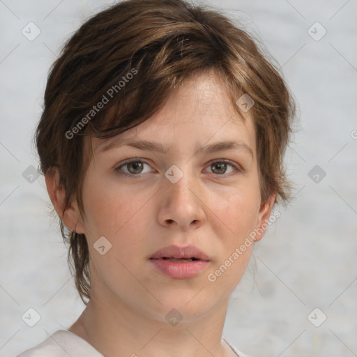 Neutral white young-adult female with medium  brown hair and brown eyes