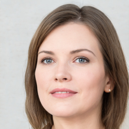 Neutral white young-adult female with long  brown hair and grey eyes