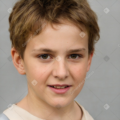 Joyful white child male with short  brown hair and brown eyes