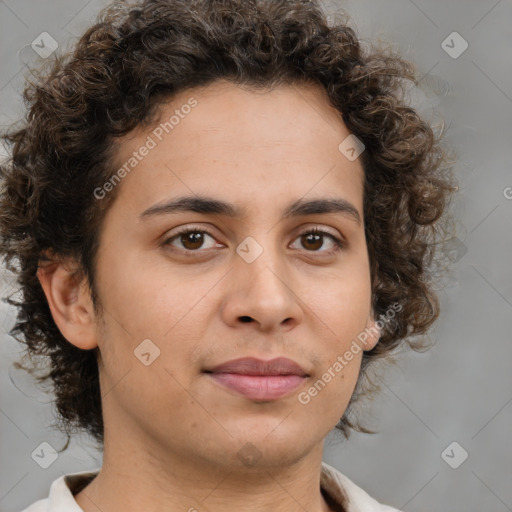 Joyful white young-adult male with medium  brown hair and brown eyes