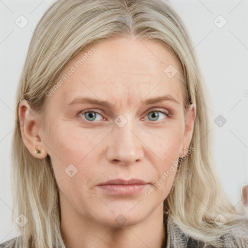 Neutral white young-adult female with long  brown hair and blue eyes