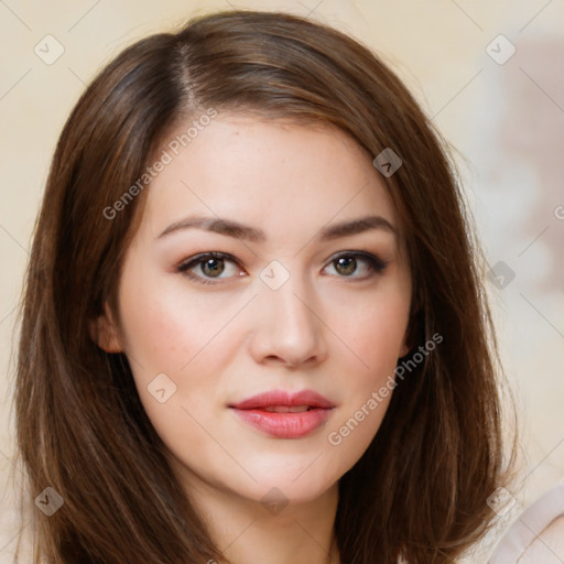 Neutral white young-adult female with long  brown hair and brown eyes