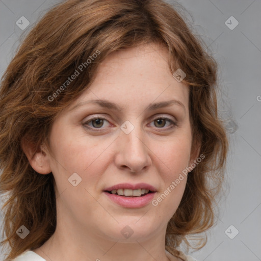 Joyful white young-adult female with medium  brown hair and blue eyes