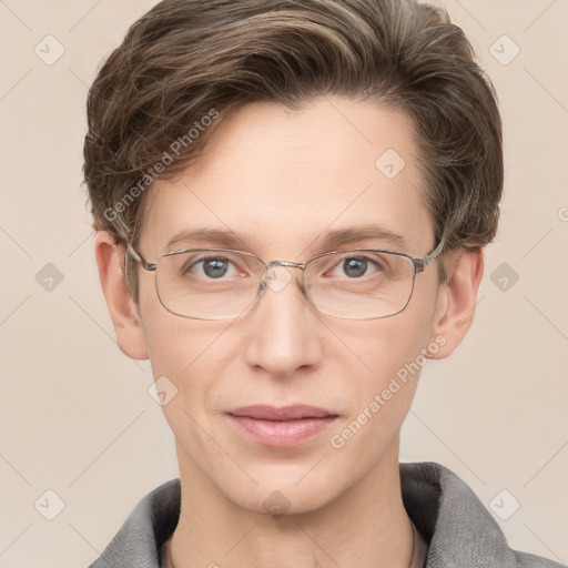 Joyful white adult male with short  brown hair and grey eyes