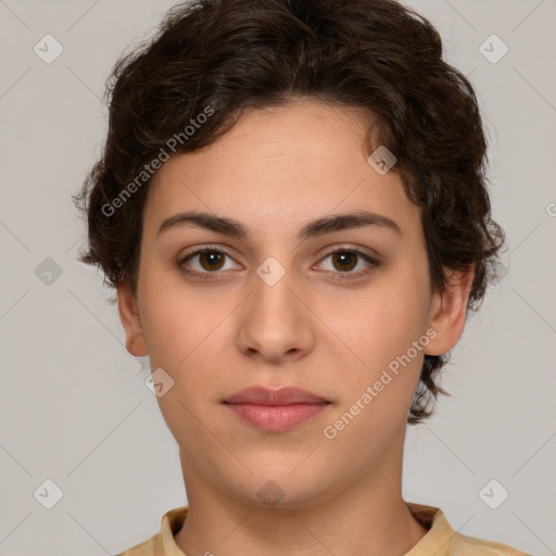 Neutral white young-adult female with short  brown hair and brown eyes