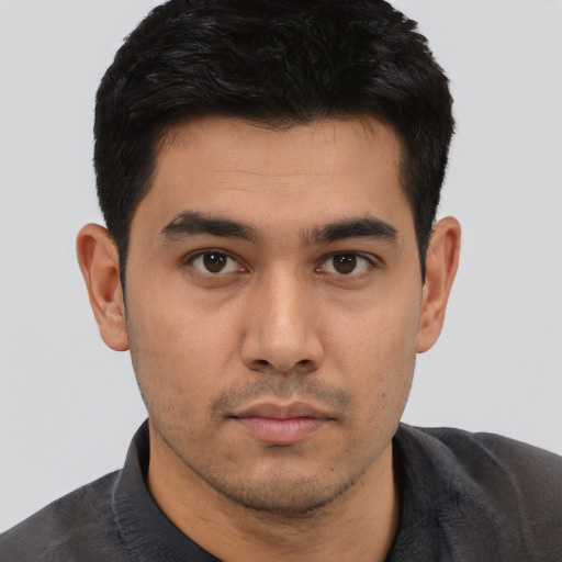 Neutral asian young-adult male with short  black hair and brown eyes