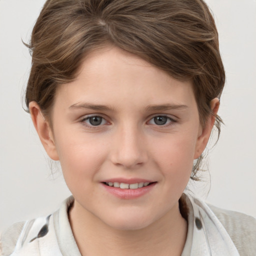 Joyful white child female with medium  brown hair and grey eyes