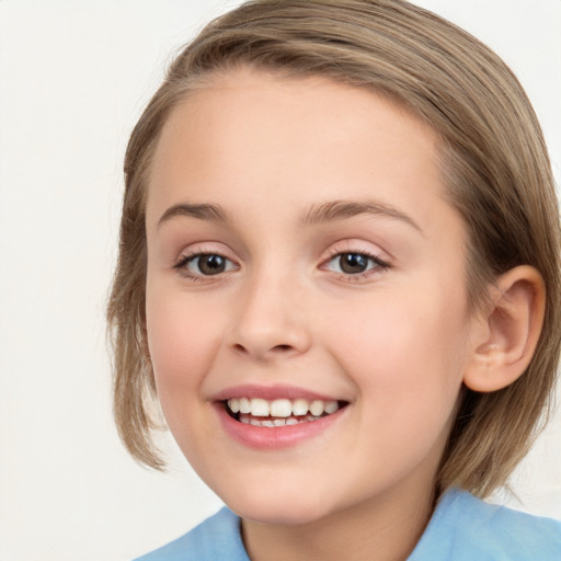 Joyful white child female with medium  brown hair and blue eyes