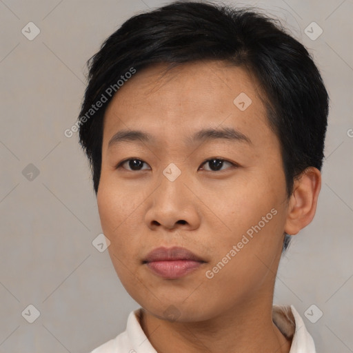 Neutral asian young-adult male with short  black hair and brown eyes