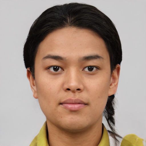 Neutral asian young-adult female with short  black hair and brown eyes