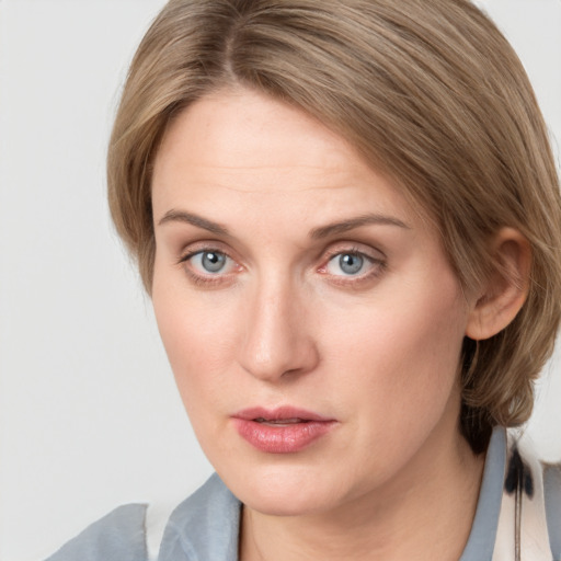 Neutral white young-adult female with medium  brown hair and grey eyes