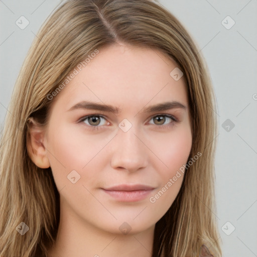 Neutral white young-adult female with long  brown hair and brown eyes