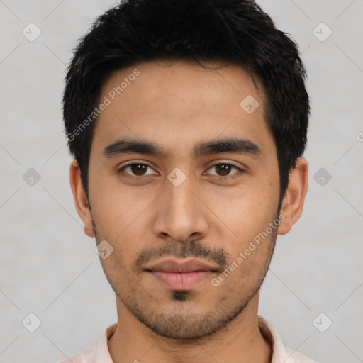 Neutral latino young-adult male with short  black hair and brown eyes