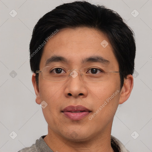 Neutral asian young-adult male with short  black hair and brown eyes