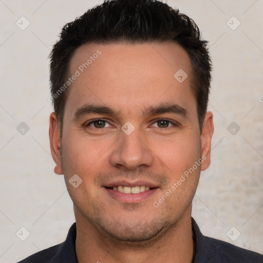 Joyful white young-adult male with short  brown hair and brown eyes