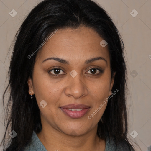 Joyful latino young-adult female with long  brown hair and brown eyes