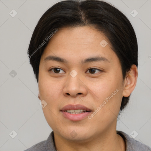 Joyful asian young-adult female with short  brown hair and brown eyes