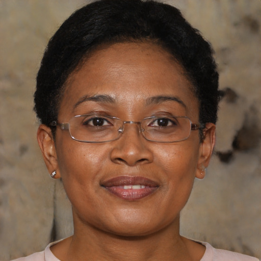 Joyful black adult female with short  brown hair and brown eyes