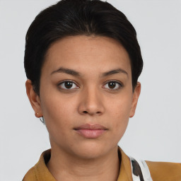 Neutral white young-adult female with short  brown hair and brown eyes