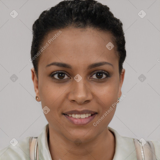 Joyful black young-adult female with short  brown hair and brown eyes