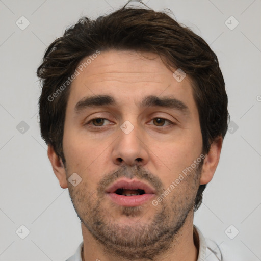 Neutral white adult male with short  brown hair and brown eyes